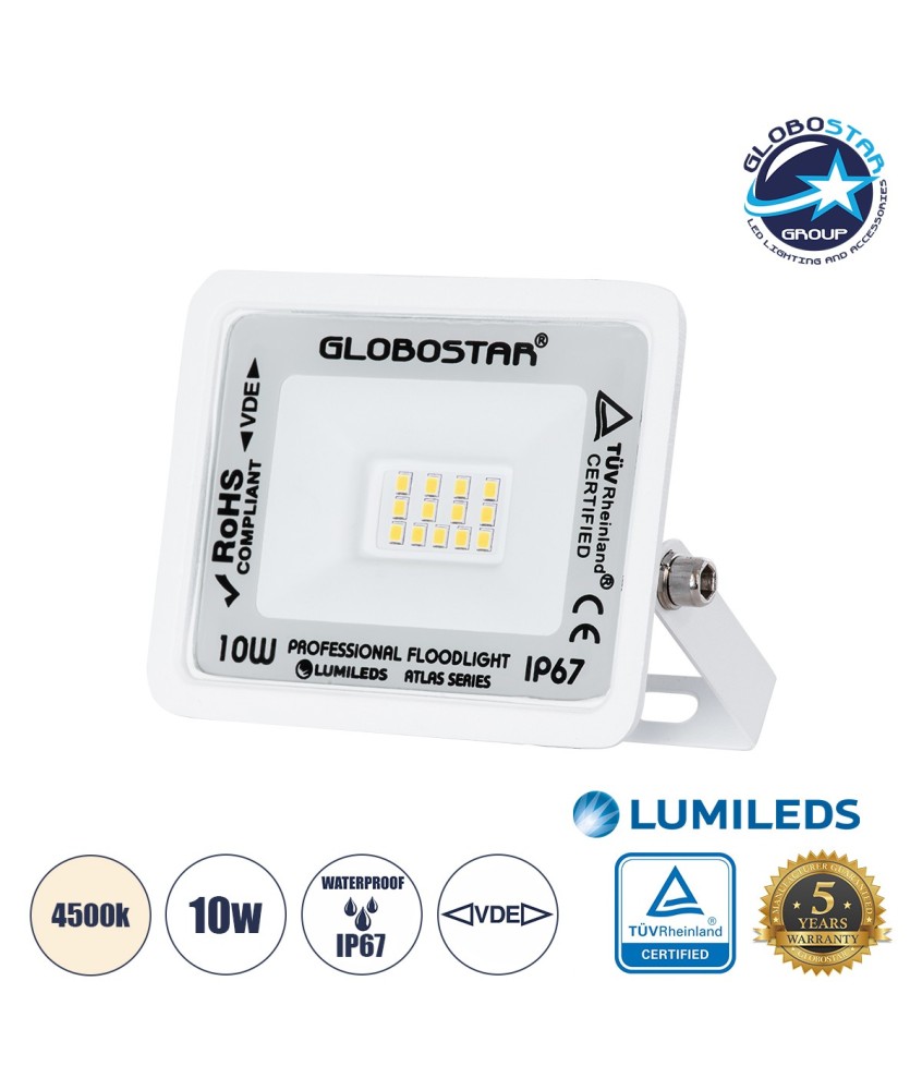 GLOBOSTAR® ATLAS 61405 Προβολέας LED 10W 1200lm 120° AC 220-240V Αδιάβροχο IP67 Φυσικό Λευκό 4500K - Lumileds SMD Chip - TÜV Rheinland Certified - Λευκό Ματ - Μ10 x Π2 x Υ8cm - 5 Χρόνια Εγγύηση